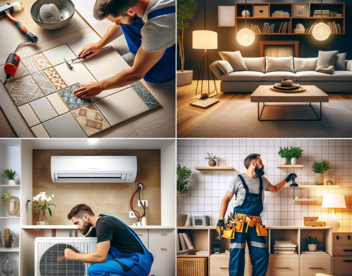 DALL·E 2023-12-19 10.54.51 - A collage of four main services_ 1) A professional team laying ceramic tiles on a floor, focusing on precision and design. 2) An electrician installin